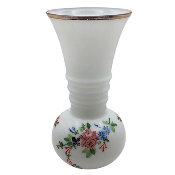 Vintage MCM Milk Glass Hand Painted Floral Ball Vase Gold Trim Ribbed Neck - Picture 1 of 7
